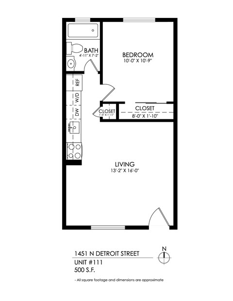 Floor plan for 1 bed, 1 bath, 455 sqft